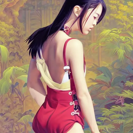 Image similar to a beautiful young japanese natalie portman alluring gravure model, wearing elaborate elegant designer overalls, elegant overalls with mesoamerican patterns, mesoamerican native street fashion, by akira toriyama and wlop and ilya kuvshinov and artgerm and, aesthetic, gorgeous, stunning, alluring, attractive, artstation, deviantart, pinterest, digital art