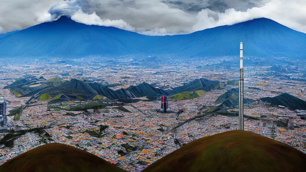 Prompt: Epic Nuclear power towers gracefully over the mountain valley of Quito, Ecuador; by Oswaldo Moncayo and Vincent Callebaut; line work and detailing by Simon Stålenhag, oil on canvas; Art Direction by James Cameron; Location: Quito Ecuador 4K, 8K; Ultra-Realistic Depth Shading