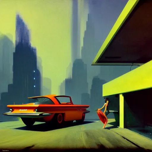 Image similar to a cinematic matte painting of a boxy 1 9 6 0 s retro - futurism sci - fi car with solar panels on roof and doors in a cluttered garage in mumbai. by edward hopper, glennray tutor and greg rutkowski. trending on artstation.