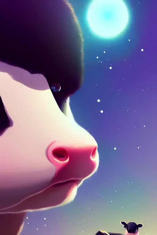 Prompt: very cute baby cow thinks about the cosmic multiverse, close up, high detailed face, by ilya kuvshinov, greg rutkowski and makoto shinkai, trending on artstation