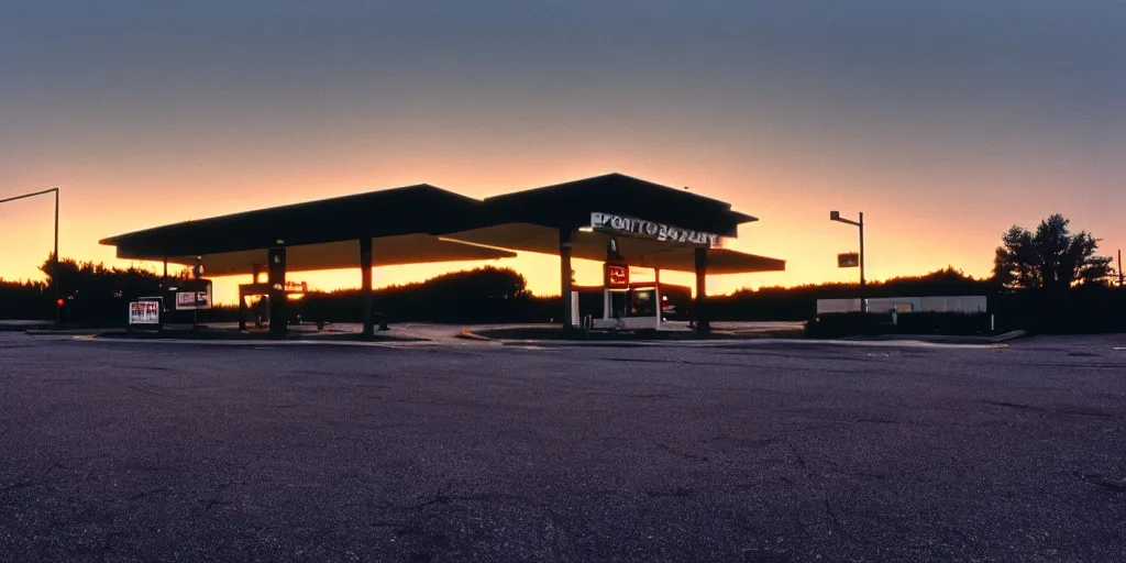 Image similar to a lonely port byron travel plaza in the middle of nowhere, sunset, eerie vibe, leica, 2 4 mm lens, cinematic screenshot from the 2 0 0 1 film directed by charlie kaufman, kodak color film stock, f / 2 2, 2 4 mm wide angle anamorphic