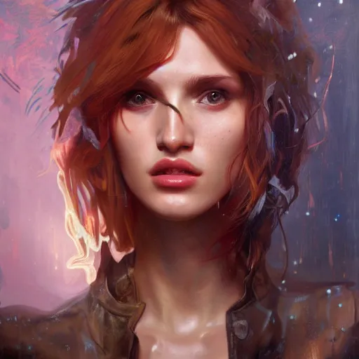 Image similar to full figure bella thorne, hyperrealistic portrait, bladerunner street, art of elysium and jeremy mann and alphonse mucha, fantasy art, photo realistic, dynamic lighting, artstation, poster, volumetric lighting, very detailed face, 4 k, award winning