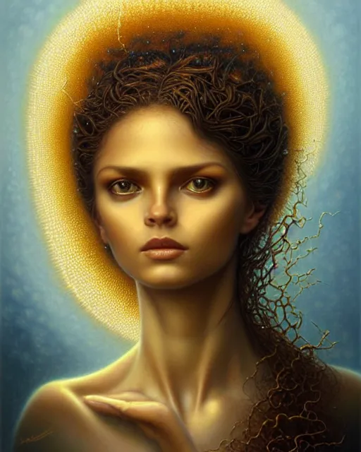 Prompt: a detailed portrait of round faced latina goddess ( waves ) ( gold ) fractal ) ( glass ) ( lightning ) ( soft features ) ( gentle look ) beautiful! ( ( brown eyes ) ) by tomasz alen kopera and peter mohrbacher and johanna martine! and margaret keane! elegant alluring seductive luminescent