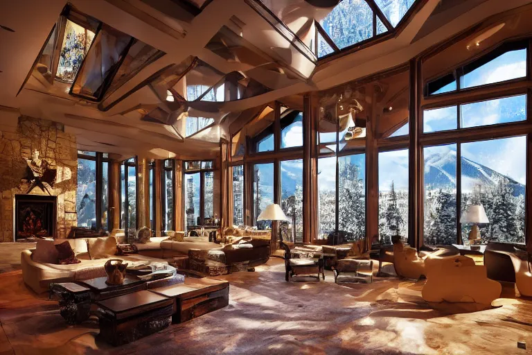 Image similar to interior of a beautiful contemporary mansion in Aspen, skybridges, turrets, golden hour, light snow, snowflakes falling outside, sunbeams, volumetric lighting, by Emmanuel Lubezki