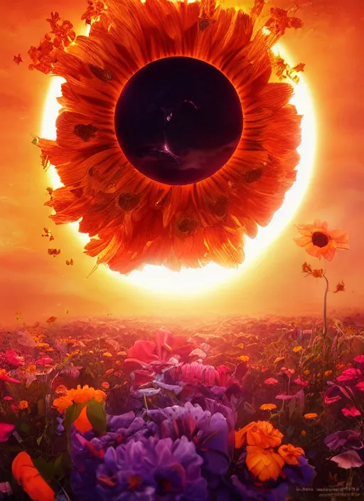 Image similar to An epic fantastic realism comic book style painting of the most beautiful flowers launched into space, bouquets, solar eclipse, fisheye, unreal 5, DAZ, hyperrealistic, octane render, dynamic lighting