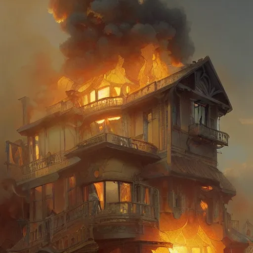 Image similar to ultra realistic illustration, a house on fire, highly detailed, digital painting, artstation, concept art, smooth, sharp focus, illustration, art by artgerm and greg rutkowski and alphonse mucha