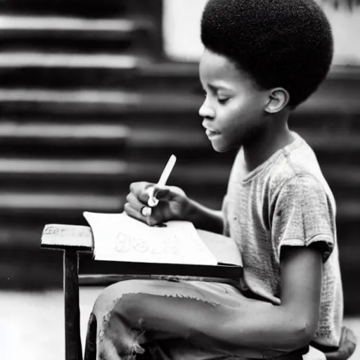 Prompt: a black boy with an afro hairstyle sits at the bench and writes something in a copybook with a pencil, the 9 0 s, garlem, black and white photography