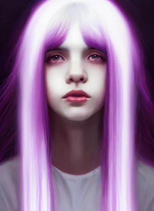 Image similar to hair whitebangs hair, black hair, whitebangs, portrait of teenage girl with white bangs, red irises, purple clothes, white bangs, bangs are different color from hair, intricate, elegant, glowing lights, highly detailed, digital painting, artstation, concept art, smooth, sharp focus, illustration, art by wlop, mars ravelo and greg rutkowski