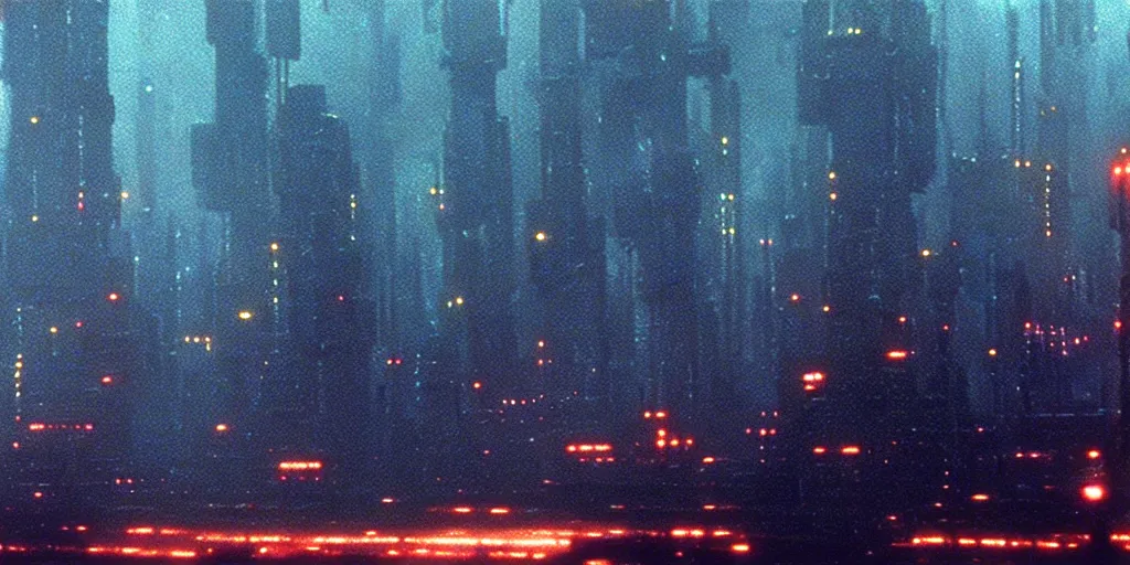 Prompt: 3 5 mm atmospheric dusk urban photographic landscape of dystopian blade runner 1 9 8 2 city, matte painting, cinematic composition, futuristic dystopian megacity endless various mega - skyscrapers endlessly rising into the horizon, falling acid rain, neon, dramatic cinematography 3 5 mm