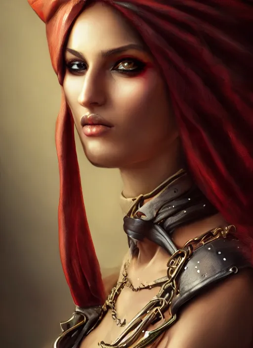 Image similar to Beautiful Arab girl with chest wrapped in bandages, leather, portrait, fantasy, medieval, vivid colors, fantasy, elegant, concept art, sharp focus, beautiful face, digital art, Hyper-realistic, 4K, Unreal Engine, Highly Detailed, HD, Dramatic Lighting by Brom, trending on Artstation