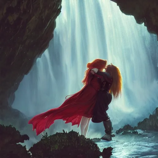 Image similar to an extremely detailed portrait of polyamorous red haired vampire queens kissing while hiding from a thunderstorm in a cave behind a waterfall, epic fantasy, viewed in profile from far away, sharp focus, detailed face, art by greg rutkowski and alphonse mucha, volumetric lighting, 4 k resolution, trending on artstation, masterpiece