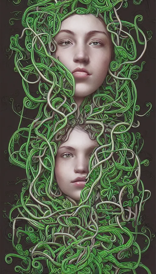 Image similar to very detailed portrait of a 2 0 years old girl surrounded by tentacles, the youg woman visage is blooming from fractal and vines, by david eichenberg