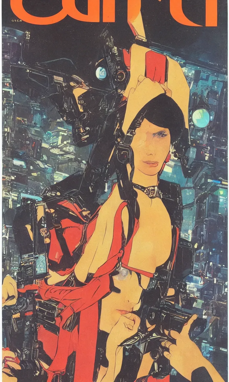 Prompt: 1979 OMNI Magazine Cover depicting a portrait of a Beautiful woman wearing a Gucci kimono and AR goggles, Cyberpunk Akira style by Vincent Di Fate