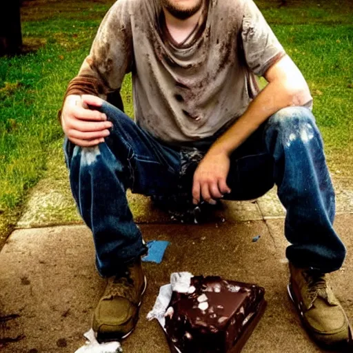 Image similar to homeless justin vernon in portland covered in chocolate stains. photograph.