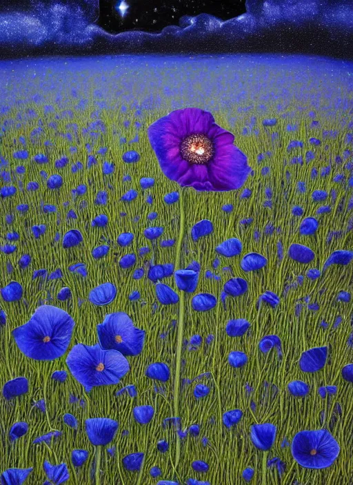 Image similar to detailed, intricate blue black and purple papaverum flower on the field, nebula, galaxy in the sky, winning award masterpiece, fantastically beautiful, illustration, aestheticly inspired, jacek yerka, upscale with anguissola sofonisba work, artstation, 8 k