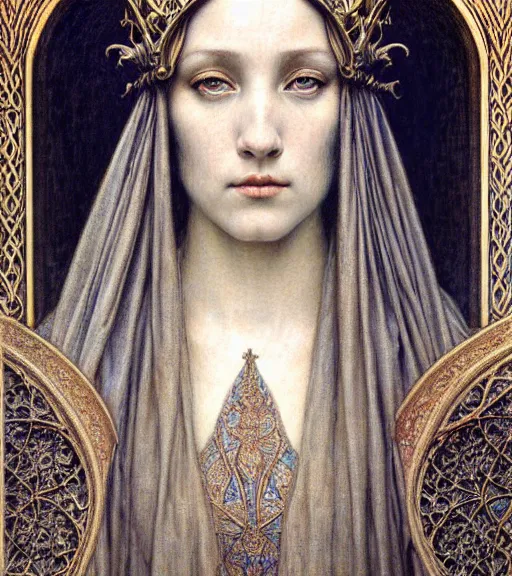 Image similar to detailed realistic beautiful young medieval queen face portrait by jean delville, gustave dore and marco mazzoni, art nouveau, symbolist, visionary, gothic, pre - raphaelite. horizontal symmetry