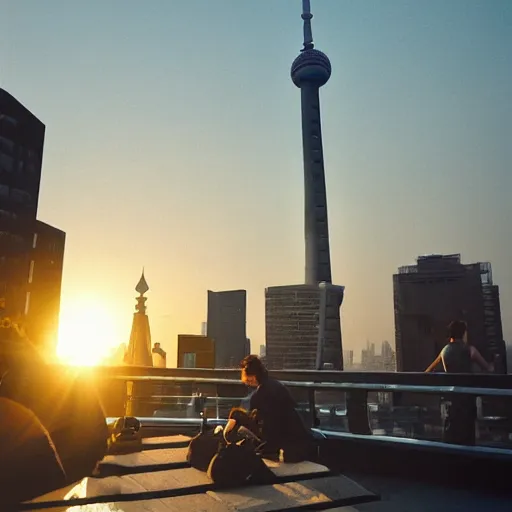 Prompt: a small rooftop with a couple of people sitting and watching the view, wearing black modern clothes, modern shanghai bund is on the background, sunset, by gregory crewdson, smog