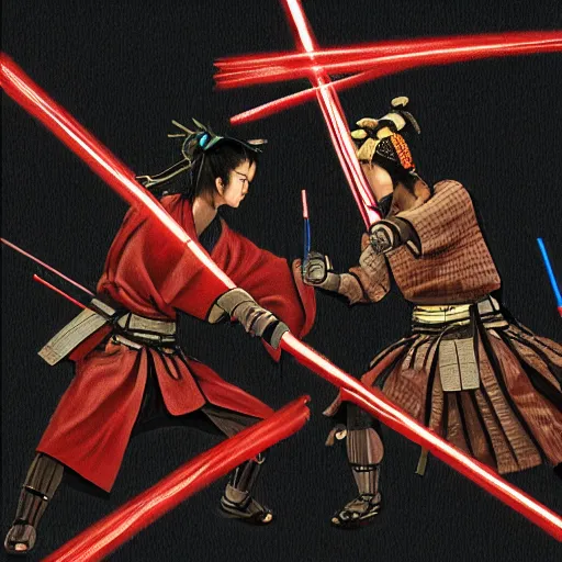 Prompt: samurai duel with light sabers, High Detail, masterpiece, 4k