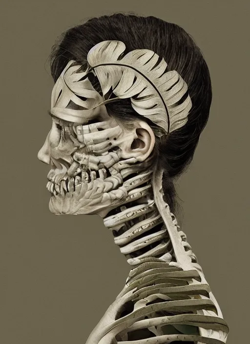 Image similar to a womans face in profile made of monstera leaves skeleton in the style of the dutch masters and gregory crewdson dark and moody