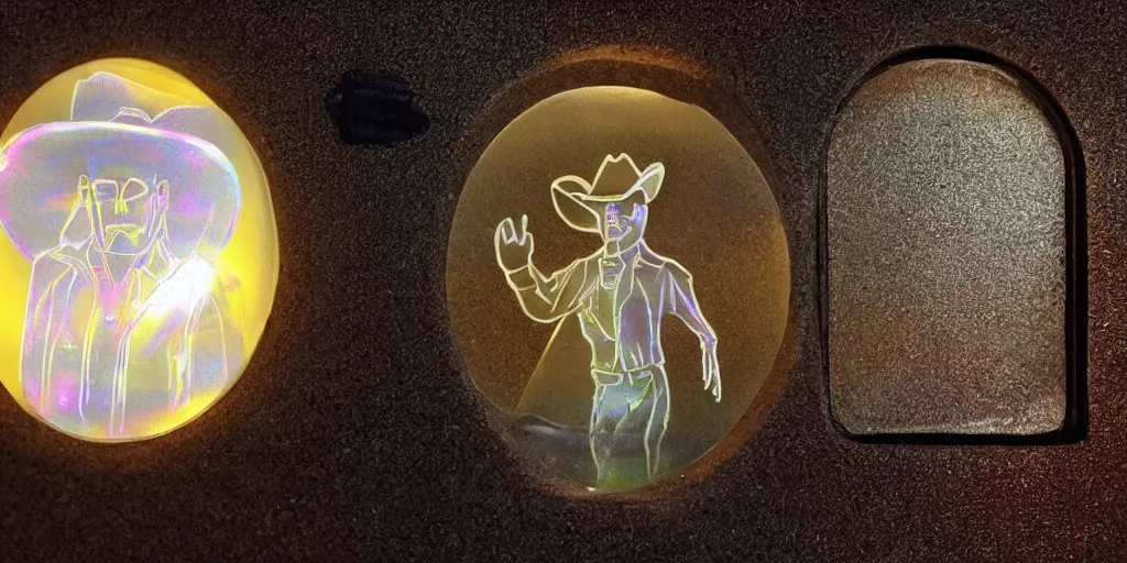 Image similar to a single holographic translucent ghost cowboy in from of a tomb