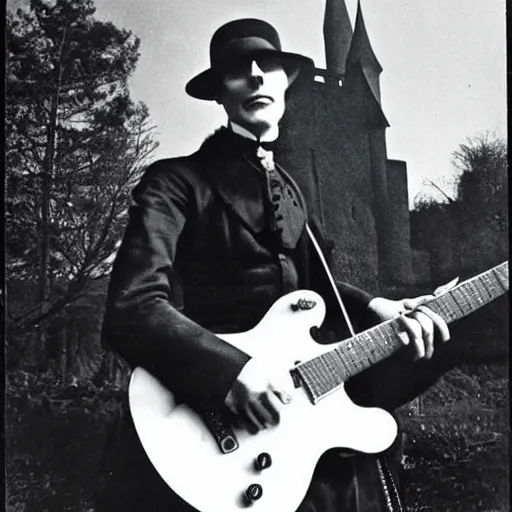 Image similar to vintage photograph of count orlok outside his castle, playing the blues on guitar, castle in the background, 4 k