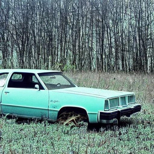 Image similar to A photograph of a beater beater beater beater beater abandoned abandoned abandoned 1976 Powder Blue Dodge Aspen in a farm field, photograph taken in 1989