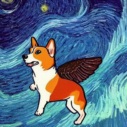 Image similar to corgi with [ angelic wings ]!!, [ flying like a superhero ]!! in the [ night sky ]!! where the stars are visibly perceptible, [ realistic photo ]!!, [ illustrated by vincent van gogh ]!!, trending on artstation