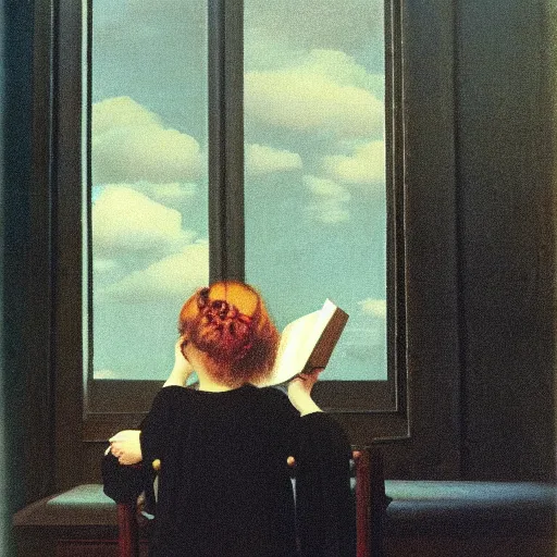 Image similar to a girl reading, vintage photo by magritte, by delacroix, strong lights, flat colors, pastel colors