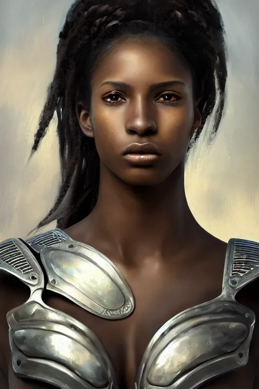 Image similar to a photorealistically painted portrait of an attractive young black girl, partially clothed in metal-plated battle armor, with an abstractly painted background, flawless skin, fair complexion, long dark hair, beautiful bone structure, perfectly symmetric facial features, perfect photorealistic eyes, natural physique, intricate, elegant, digital painting, concept art, finely detailed, beautifully illustrated, sharp focus, minimal artifacts, volumetric lighting, from DOOM and Halo, by Ruan Jia and Mandy Jurgens and Artgerm and William-Adolphe Bouguerea, in the style of Greg Rutkowski, trending on Artstation, award winning art