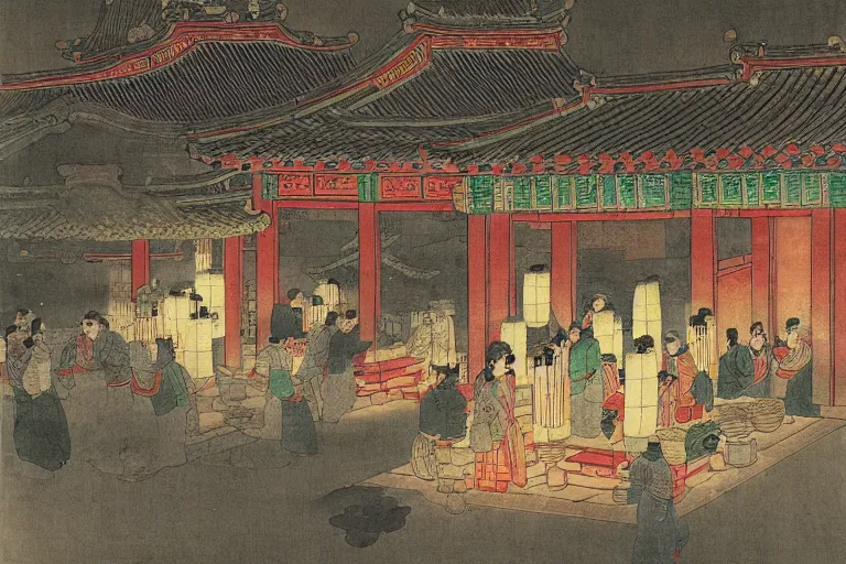 Prompt: a bustling tea house in the ming dynasty, lit by paper lanterns, at night, fantasy art