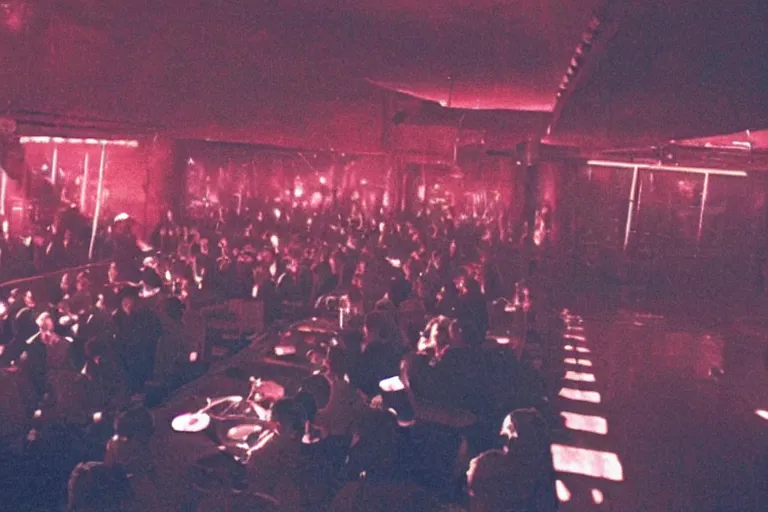 Image similar to view from the stage, back of an audience at the atmospheric and obscure, red neon light, by roger deakins, cinematography, syd mead