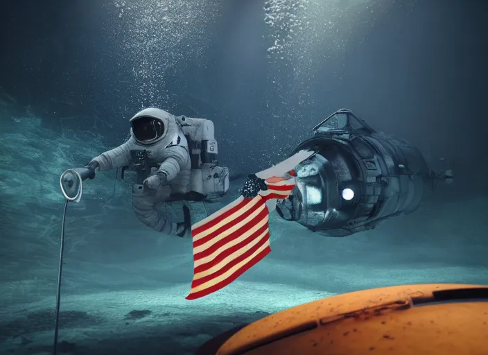 Prompt: dark underwater photo of an astronaut underwater putting a flag on the ocean's floor. in the background, a submarine is visible. dark, concept art, cinematic, dramatic, blender, photorealistic, octane render, 8 k, volumetric lighting, trending on artstation