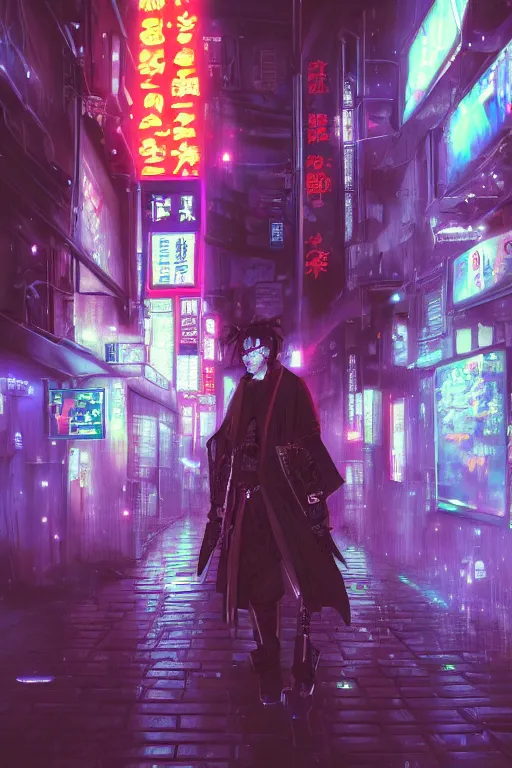 Image similar to a cyberpunk samurai in a raining cobblestone alleyway in tokyo, neon lights, full moon, fog cinematic anime art by one