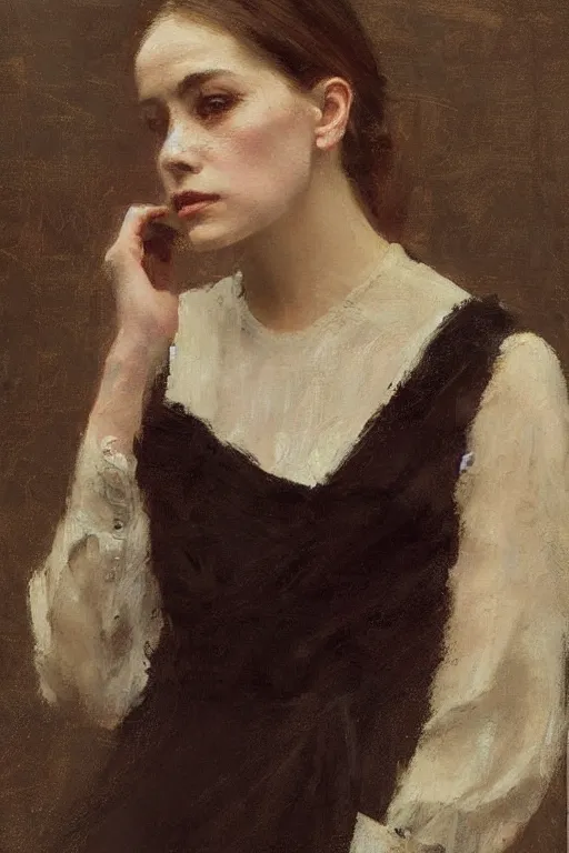 Prompt: Richard Schmid and Jeremy Lipking victorian genre painting full length portrait painting of a young beautiful woman