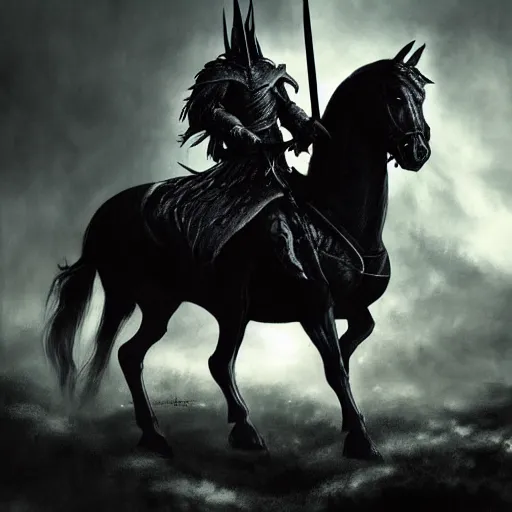 Image similar to Witch-king of Angmar holding sword on black horse horse rearing up dark moody lighting wallpaper painting