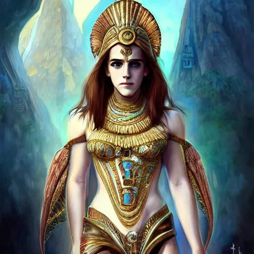 Image similar to Emma Watson as an Egyptian Goddess, cute, fantasy, intricate, elegant, highly detailed, digital painting, 4k, HDR, concept art, smooth, sharp focus, illustration, art by artgerm and H R Giger and alphonse mucha