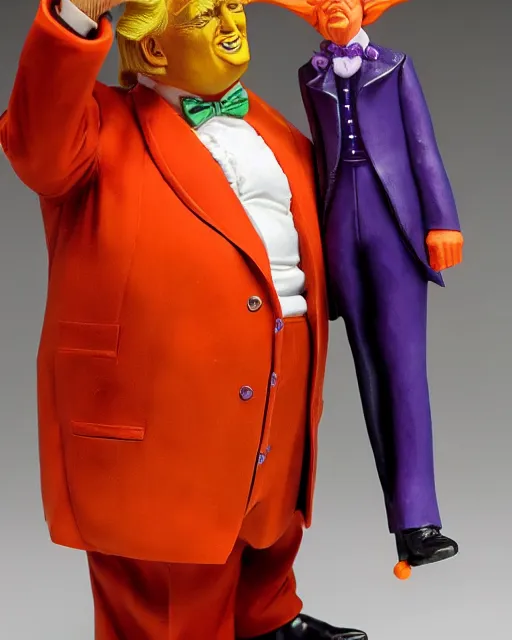 Image similar to wide angle full body photo of a maquette sculpture of donald trump as willy wonka, he is wearing a victorian era purple jacket and pants, and a velvet purple top hat over his long orange hair. he is holding a candy cane colored cane. his skin is an orange color like an oompa loompa. in the style of sideshow collectibles, highly detailed sculpture