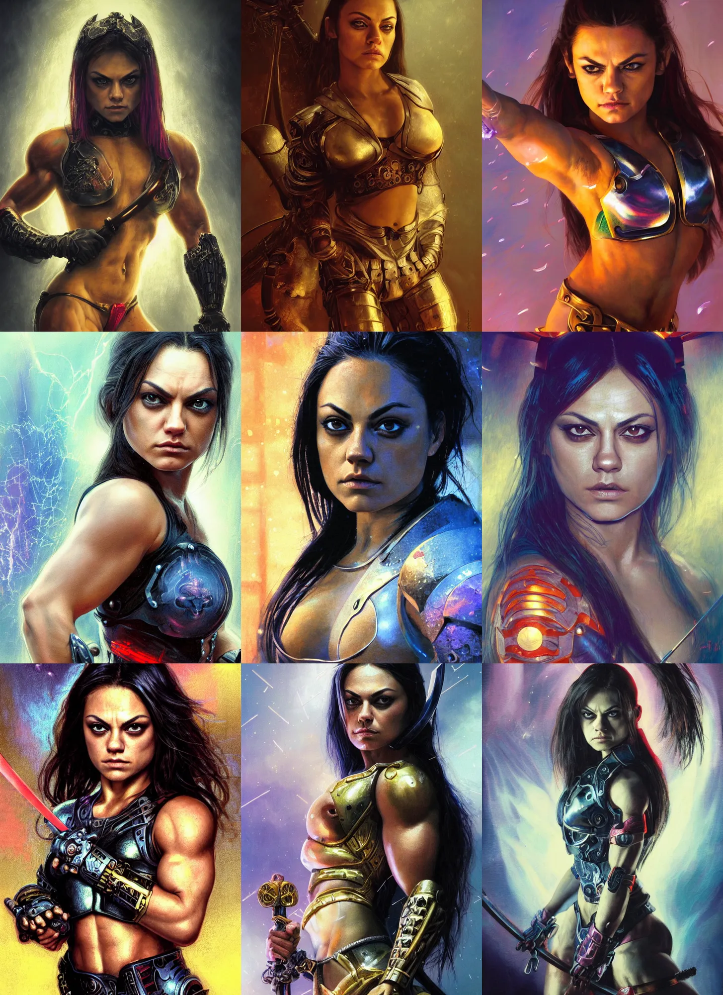 Image similar to bodybuilder mila kunis closeup portrait of a beautiful biblical diabolical samurai girl looking into the camera holding a sword, cyborg neon lit armor, foggy fireflies, cinematic studio light, golden hour, gerald brom, mikhail vrubel, peter elson, muted pastel colors, extreme detail, light rain, trending on artstation, 8 k