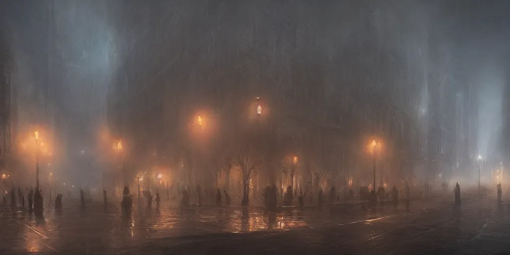 Prompt: a heavy swirling fog with a parade, soft lighting, night, stephen bliss, misty, unreal engine, digital art, 8 k, oil painting, fantasy art, illustration, detailed and intricate environment