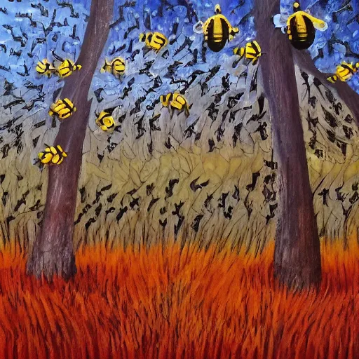 Prompt: bees flying in the woods, acrylic by yelena york