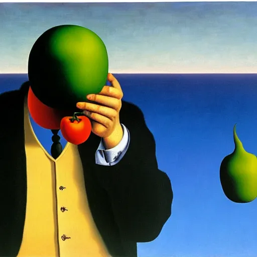 Prompt: a man thinks about what to buy at the grocery store, by rene magritte and salvador dali, oil on canvas