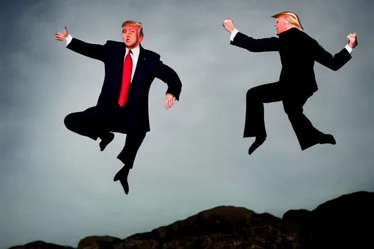 Image similar to a hero shot of Donald Trump doing a jump kick, back lit, epic, photo