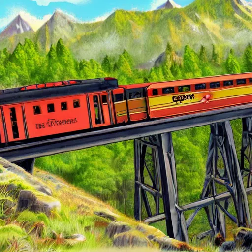 Image similar to train going over a trestle bridge in the mountains, concept art, illustrated, highly detailed, high quality, bright colors, optimistic,