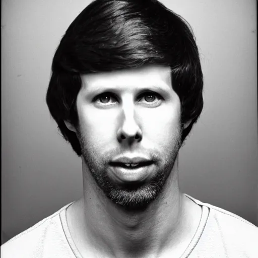 Prompt: Mugshot Portrait of Jon Heder, taken in the 1970s, photo taken on a 1970s polaroid camera, grainy, real life, hyperrealistic, ultra realistic, realistic, highly detailed, epic, HD quality, 8k resolution, body and headshot, film still, front facing, front view, headshot and bodyshot, detailed face, very detailed face
