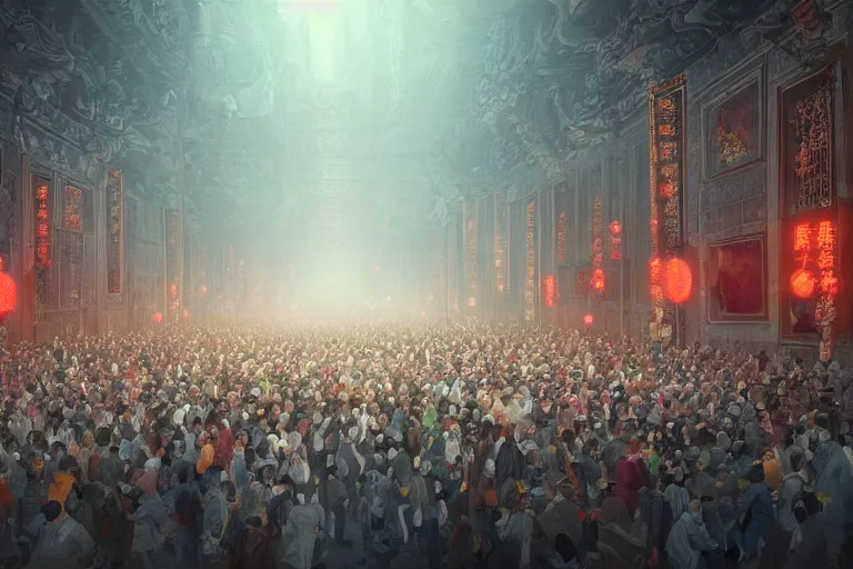 Image similar to crowds of programmers are marching to chinese palace, dark atmosphere, light above palace, digital art, trending on artstation