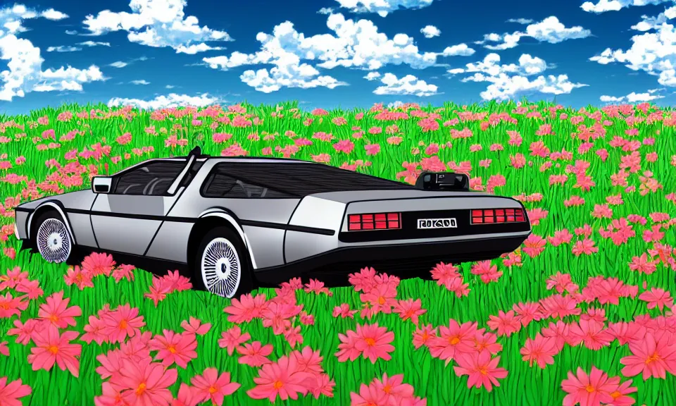 Prompt: a delorean standing in a flower field, anime style