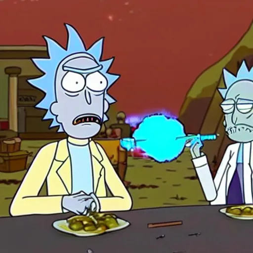 Image similar to Rick and Morty in Ancient Greece, mining a meth crystals, very detail 4K quality super realistic