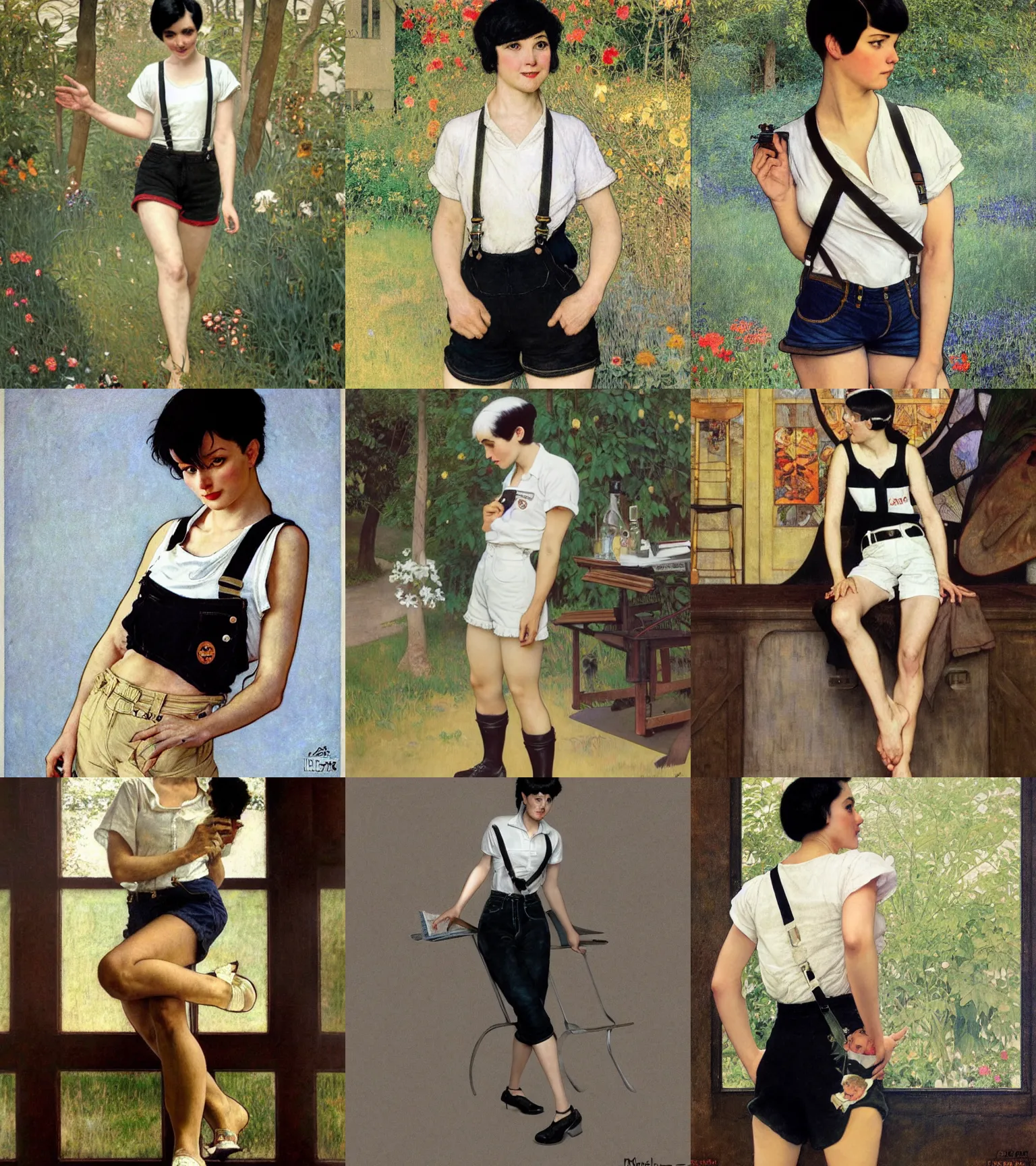 Prompt: a woman with black hair and long pixie haircut in shorts with suspenders and white t-shirt drawn by maler collier, norman rockwell, alphonso azpiri, peter paul rubens, alphonse mucha, gustav klimt 4k, unreal 5, DAZ, french noveau, trending on artstation, octane render, hyperrealistic