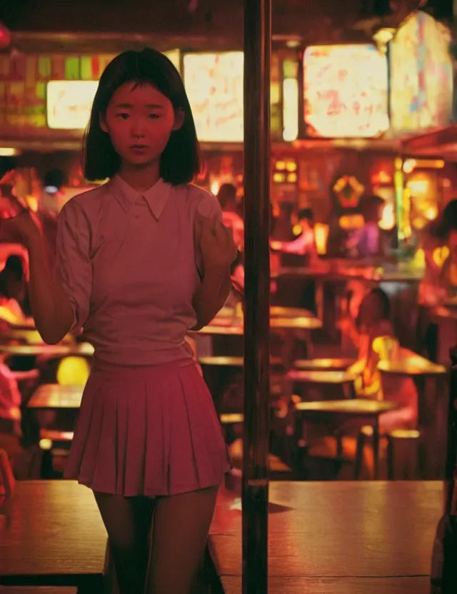 Image similar to asian school girl in a bar, neon light, wide angle coloured polaroid photograph with flash, kodak film stock, hyper real, stunning moody cinematography, with anamorphic lenses, by maripol, fallen angels by wong kar - wai, style of suspiria and neon demon, detailed