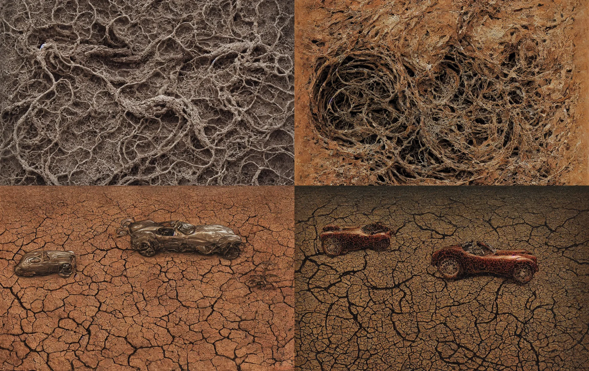 Prompt: closeup of rusty shelby cobra, close up, extreme closeup, vine covered, desert, cracked dry lake bed, by Zdzislaw Beksinski, Norman Rockwell, highly detailed,soft lighting, film grain, medium format, 80mm lens, 8k resolution, oil on canvas